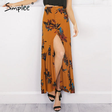 Boho Print High Waist Long Split Maxi Skirt Floral Print Beach Skirt