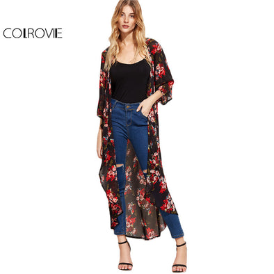 Floral Loose Chiffon Kimono Women Black Longline Beach Blouse Vintage Summer