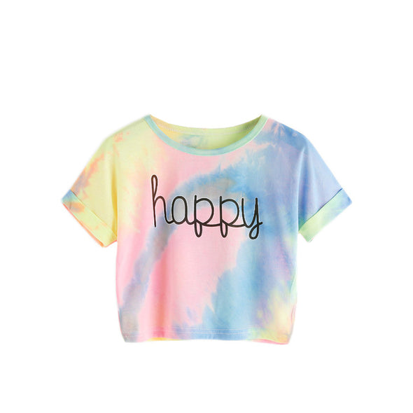 Happy Rainbow Pastel Tie Dye Cropped T-Shirt