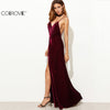 Burgundy Velvet Maxi Backless Dress Deep V Neck