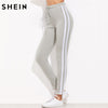 High Waist Pants Trousers Drawstring Waist Skinny Pants Gray Ribbed Knit Striped Sweatpants