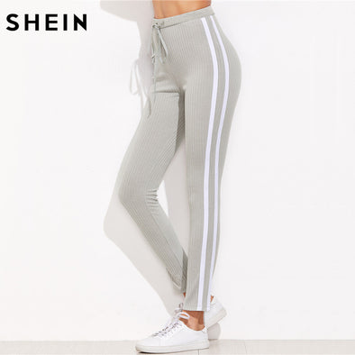 High Waist Pants Trousers Drawstring Waist Skinny Pants Gray Ribbed Knit Striped Sweatpants