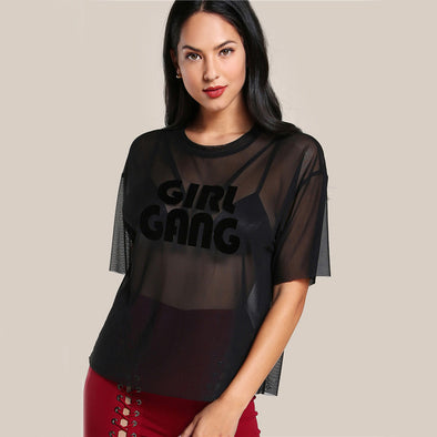 Sexy Mesh Blouse Semi Sheer Letter Tops Black Slim Girl Gang