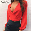 Nadafair Full Sleeve V Neck Backless Bow Short Chiffon Blouse Women Sexy Club Party Shirts