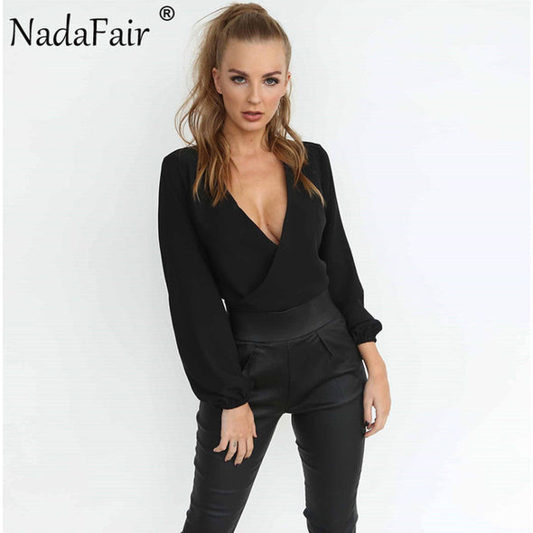 Nadafair Full Sleeve V Neck Backless Bow Short Chiffon Blouse Women Sexy Club Party Shirts