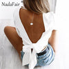 Nadafair Full Sleeve V Neck Backless Bow Short Chiffon Blouse Women Sexy Club Party Shirts