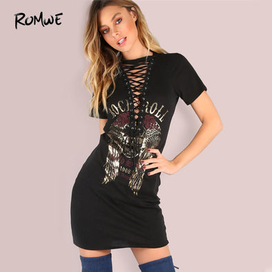 Deep V Neck Vintage Lace Up Sheath Dress Rock and Roll Print