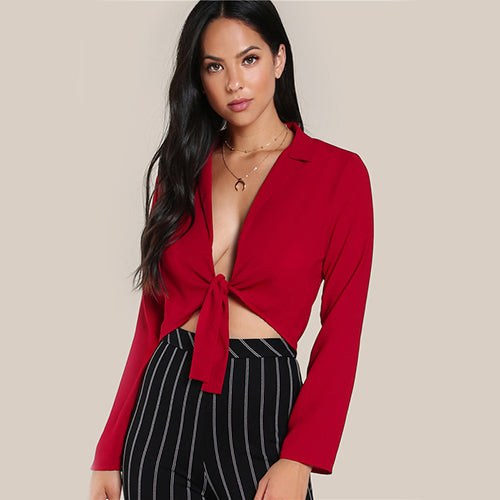 Red Plunging Crop Blouse Sexy Lapel Shirt Women Elegant Slim Tops