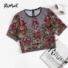 Flower Embroidery Mesh Blouse Vintage Sexy Crop Top Semi Sheer Boho Top