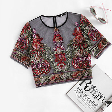 Flower Embroidery Mesh Blouse Vintage Sexy Crop Top Semi Sheer Boho Top