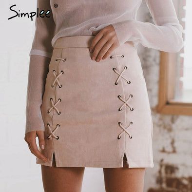 Cross Lace Up Leather Bodycon Suede Pencil Skirt