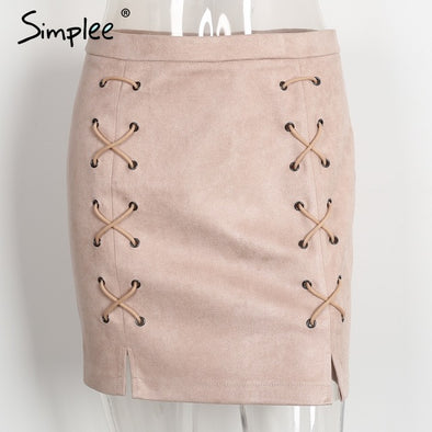 Cross Lace Up Leather Bodycon Suede Pencil Skirt