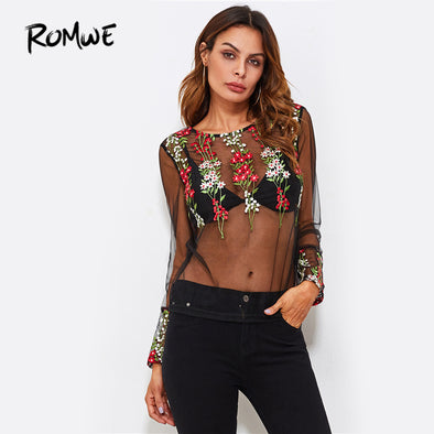 Botanical Embroidery Mesh  Sheer Transparent Summer Blouse