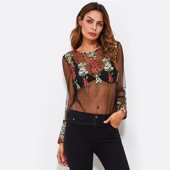 Botanical Embroidery Mesh  Sheer Transparent Summer Blouse