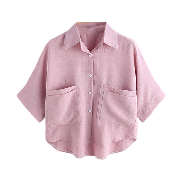 High Low Dual Pockets Front Shirt Ladies Pink Lapel Half Sleeve Buttons Front Casual Blouse