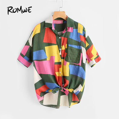 Patchwork Knotted Hem Shirt Multi Color Patchwork Lapel Top And Blouse Women Half Sleeve Equipment Casual Blouse