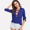 Lace Up Front Solid Top Deep V Neck Long Sleeve Female Blouse Roll Up Sleeves