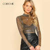 Mock Neck Metallic Mesh Top Spring Stand Collar Long Sleeve Party Blouse Slim Fit Crop Blouse