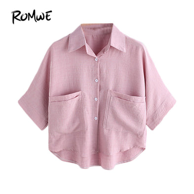 High Low Dual Pockets Front Shirt Ladies Pink Lapel Half Sleeve Buttons Front Casual Blouse